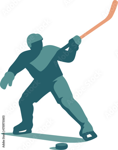 Ice hockey player in teal uniform with orange stick