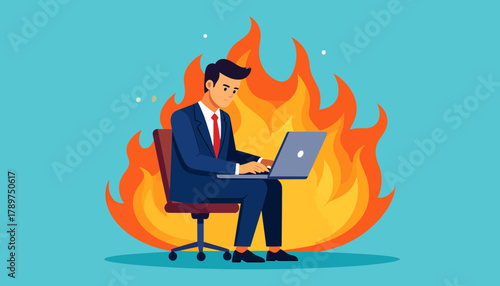 The concept of corporate burnout and chronic stress is visualized with a professional man on fire, symbolizing the intense pressure of modern work life