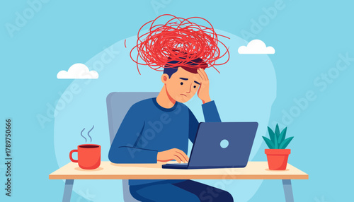 Navigating Burnout A Man Under Stress at His Desk Surrounded by Work Chaos