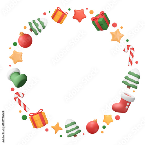 Circle border with 3d Christmas elements. Traditional cartoon objects, New Year frame with copy space, advertising banner, greeting card, invitation template. Vector illustration. Plastic confetti.