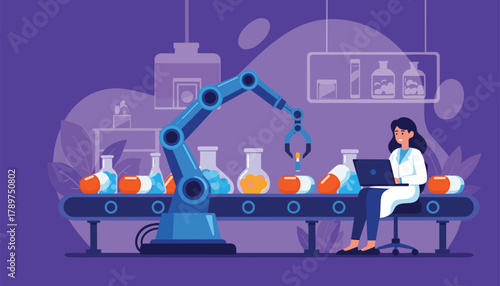 Scientist monitors advanced robotic arm manufacturing vital pharmaceutical capsules on a modern assembly line