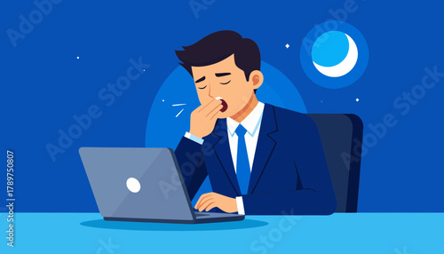 An illustration of an exhausted businessman yawning at his desk, a depiction of professional burnout and work-related stress from overworking