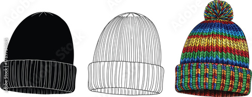 Three beanie hats in black, outline, and rainbow colors winter headwear with a brim and a pompom colorful one