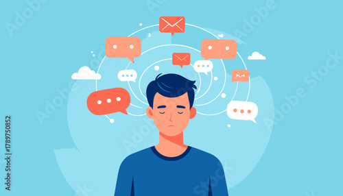 Conceptual illustration of a young man experiencing professional burnout and mental stress from digital information overload