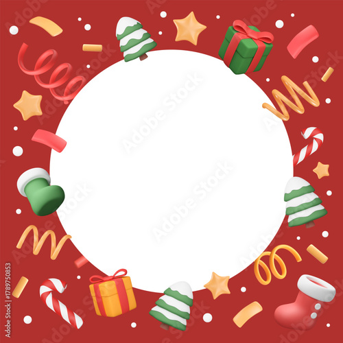 New Year frame with cartoon 3d elements, party popper and confetti. Christmas banner with copy space, invitation template, greeting card. Vector illustration. Colorful objects, holiday explosion.