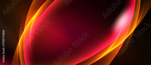 Abstract background features flowing curves, vibrant reds, oranges. Smooth gradients create dynamic visual impact. Dark borders frame composition.