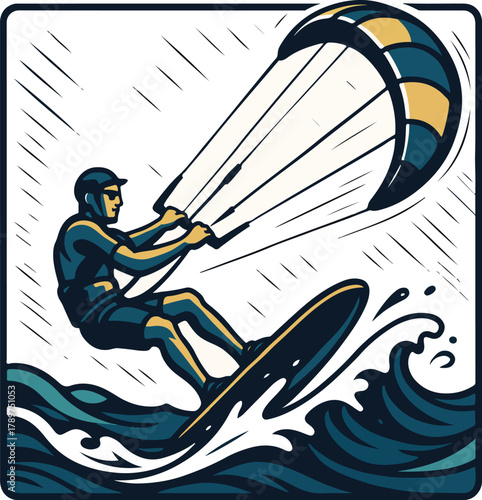Kitesurfer riding a wave in a stylized illustration