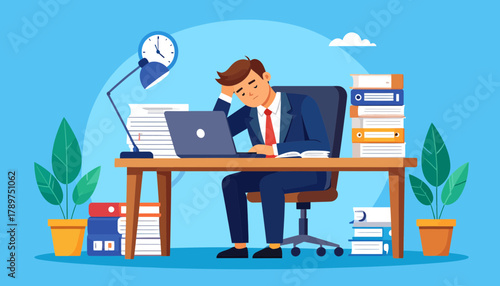 Burnout and Stress Overworked Businessman Feeling Overwhelmed at His Desk