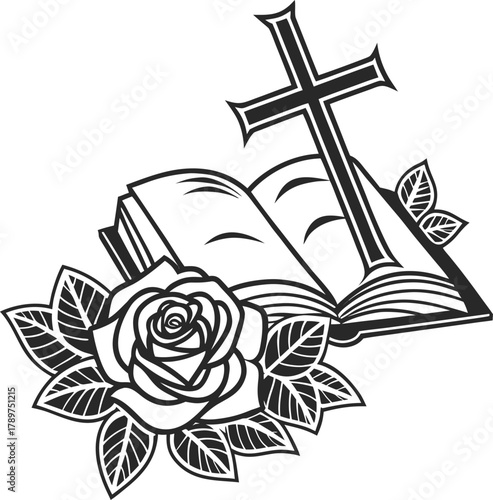 A black and white vector illustration of religious symbols is centered in the frame. The main subject is an open book with visible pages, resting beneath a large, silhouetted cross. Below the open boo