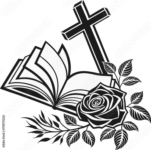 A black and white vector illustration of religious symbols is centered in the frame. The main subject is an open book with visible pages, resting beneath a large, silhouetted cross. Below the open boo