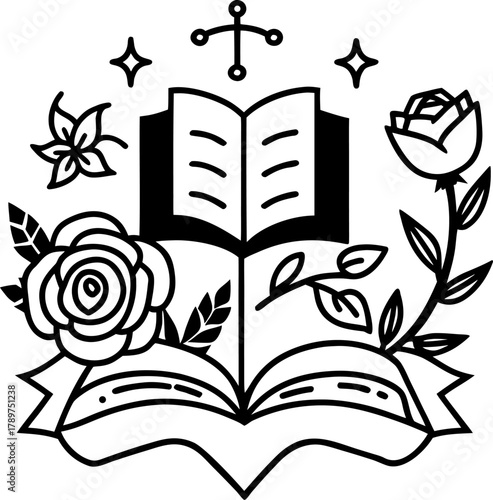 A black and white vector illustration of religious symbols is centered in the frame. The main subject is an open book with visible pages, resting beneath a large, silhouetted cross. Below the open boo
