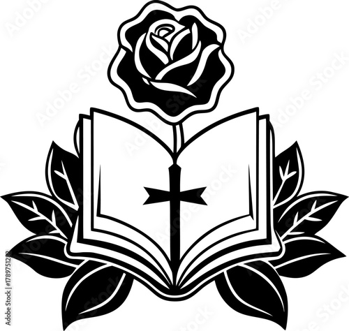 A black and white vector illustration of religious symbols is centered in the frame. The main subject is an open book with visible pages, resting beneath a large, silhouetted cross. Below the open boo