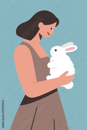 Vector illustration of woman in brown dress holding fluffy white rabbit. Flat design with light blue background, expressing warmth and gentle care.
