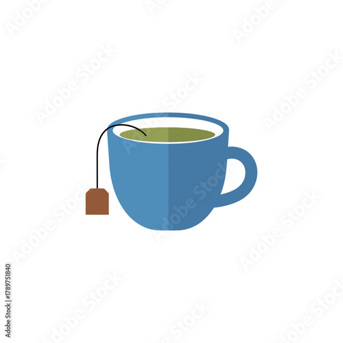 Blue teacup holding green tea with teabag resting on the side against a white backdrop, creating a calming and minimalist aesthetic.