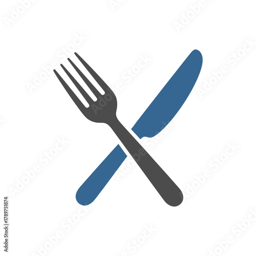 Fork and knife crossed on white surface representing dining or restaurant, simple and clean, suitable for menus or foodrelated projects.