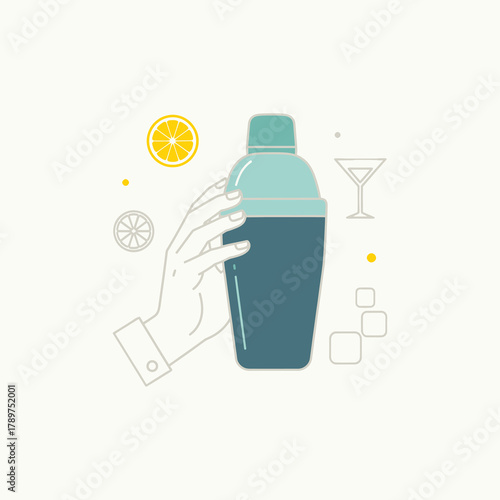 Hand holding blue cocktail shaker with lemon slice in minimal style on white surface, creating refreshing and modern vibe.