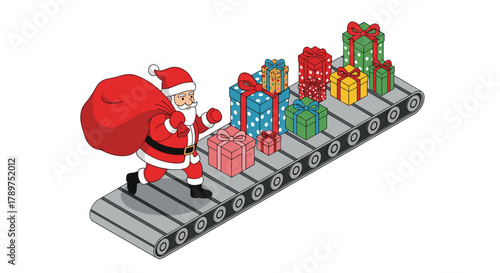 Santa Claus loads gifts onto a festive conveyor belt, bringing holiday cheer and presents to everyone this season