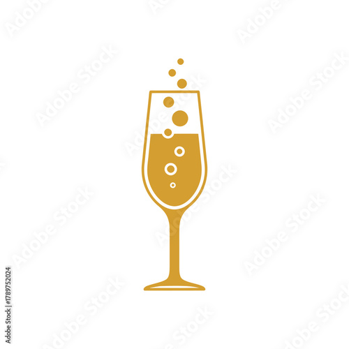 Golden champagne flute bubbles elegantly on white, celebrating success with a minimalist and sophisticated aesthetic.