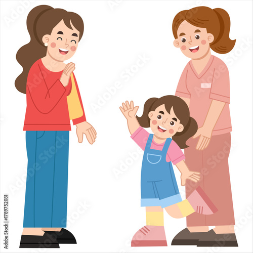 Illustration of a mother leaving her daughter with a babysitter