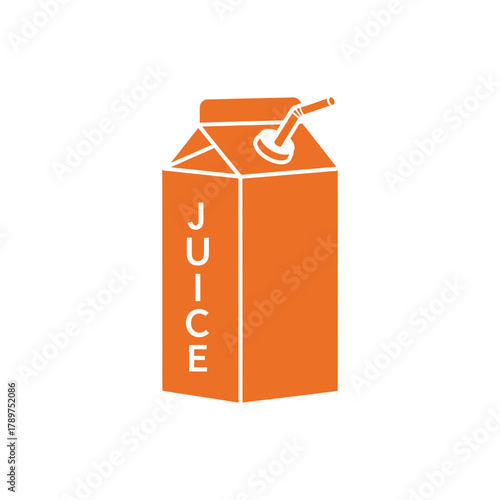 Orange juice box with straw sits isolated on white table, representing healthy beverage option for breakfast and snack time, simple and clean design.