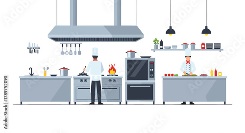 Professional chefs expertly preparing gourmet meals in a bustling, modern restaurant kitchen environment