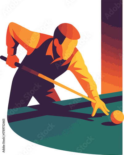 Man playing billiards with orange cue ball and green felt