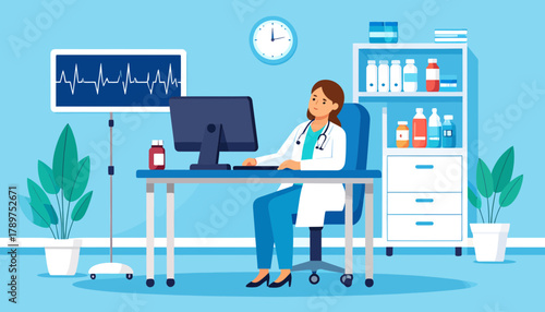 Doctor experiencing burnout and stress while working in a medical office, representing healthcare professional exhaustion and mental fatigue