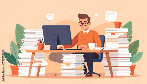 Overwhelmed businessman suffering from burnout and stress due to excessive workload, surrounded by stacks of paperwork and documents