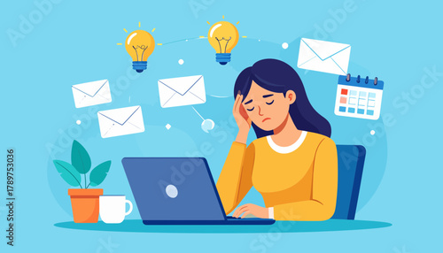 A tired female employee at her desk experiencing professional burnout and mental stress from overwork and information overload