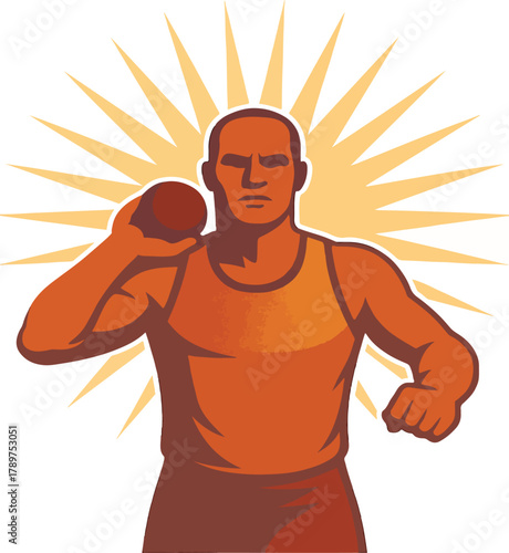 Man preparing to throw shot put with radiating sunburst