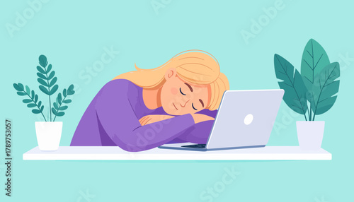 Overworked and exhausted, a woman experiences burnout and stress while working from home, falling asleep at her desk