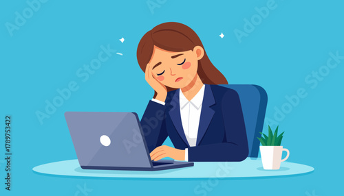 Exhausted businesswoman experiencing burnout and stress while working late at her desk, demonstrating overwhelming work pressure