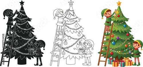 Illustration of three christmas tree scenes with elves decorating tree, including a color version