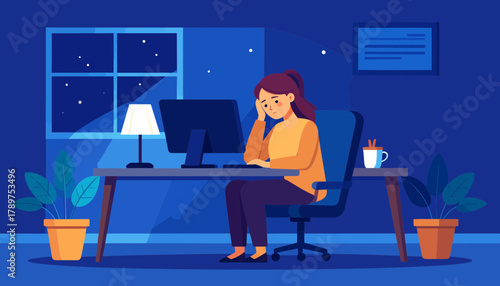 Burnout and Stress A Late Night Struggle - Working Late, Overworked, Emotional Exhaustion in a Dark Office