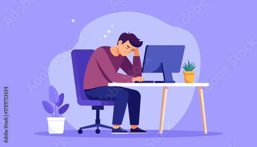 Vector illustration of a tired man at his desk experiencing professional burnout and stress from overwork and deadlines