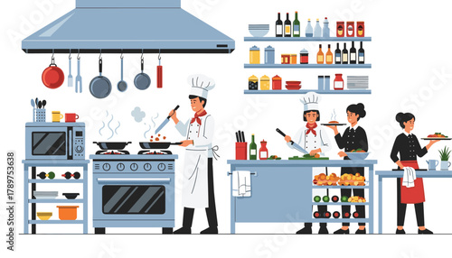 Dedicated chefs prepare culinary masterpieces in a bustling professional kitchen, creating delicious dishes with passion and skill