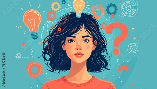 Creative young woman experiencing burnout and stress with glowing lightbulbs and question marks indicating ideas and confusion