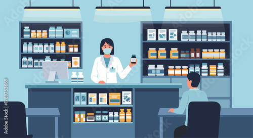 Caring pharmacist in mask assists customer with medication in modern pharmacy setting, shelves stocked with health products