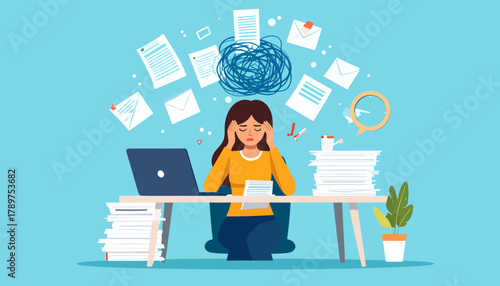 An illustration depicting a stressed woman overwhelmed by office tasks, suffering from burnout and mental exhaustion while managing a demanding workload