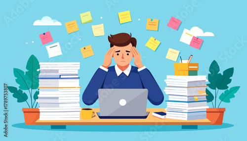 Overwhelmed office worker experiencing burnout and stress with stacks of papers and sticky notes