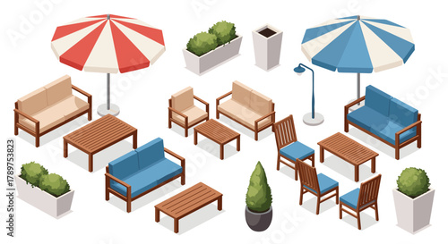Inviting outdoor living spaces with modern patio furniture sets, stylish umbrellas, and lush greenery for relaxation and entertaining