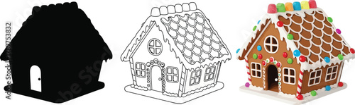 Gingerbread house in silhouette, outline and color sweet christmas treat with candy and icing sugar decoration