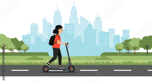Young woman confidently rides electric scooter through urban park with city skyline backdrop, embracing sustainable transport