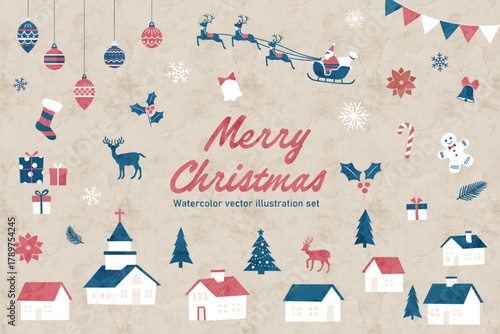 Watercolor Christmas Vector Set with Santa and Winter Elements