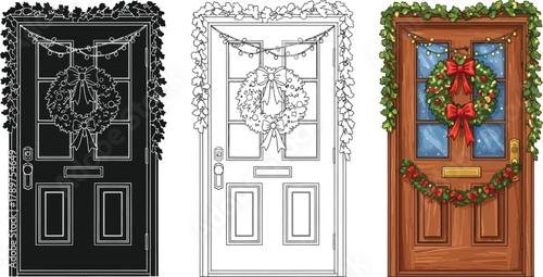 Christmas door in silhouette, outline and color decorated entrance with wreath, garland and lights for holiday