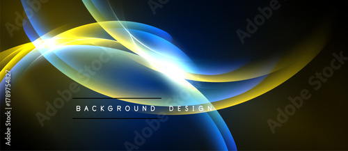 Abstract flowing lines, vibrant blues, yellows create dynamic background. Light flares add energy, modern aesthetic. Minimal text present.