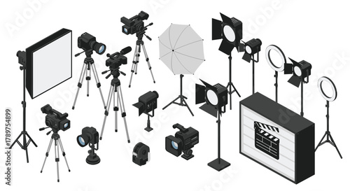 Professional film production equipment collection showcasing cameras, lights, tripods, and a clapperboard for dynamic videography and cinema creation