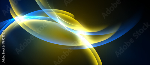 Abstract swirls, vibrant blues, yellows create dynamic energy. Light radiates, forming flowing shapes against dark background.