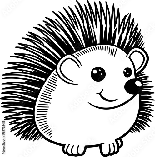 A cartoon illustration of a hedgehog, centered in the frame, is depicted in a simple, line-art style. The hedgehog faces the viewer and is presented in a side profile. Its body is light, while its spi
