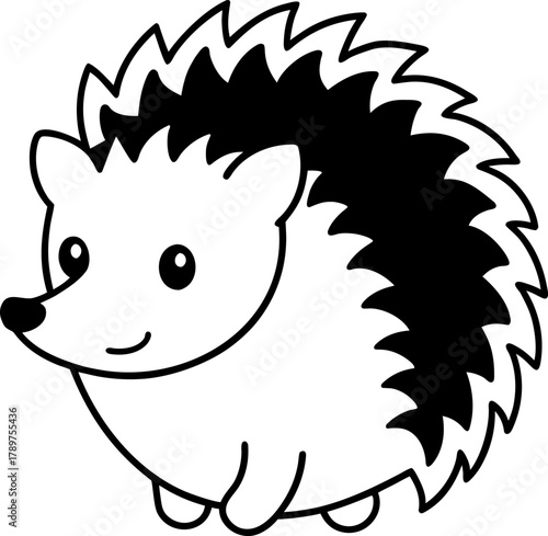 A cartoon illustration of a hedgehog, centered in the frame, is depicted in a simple, line-art style. The hedgehog faces the viewer and is presented in a side profile. Its body is light, while its spi